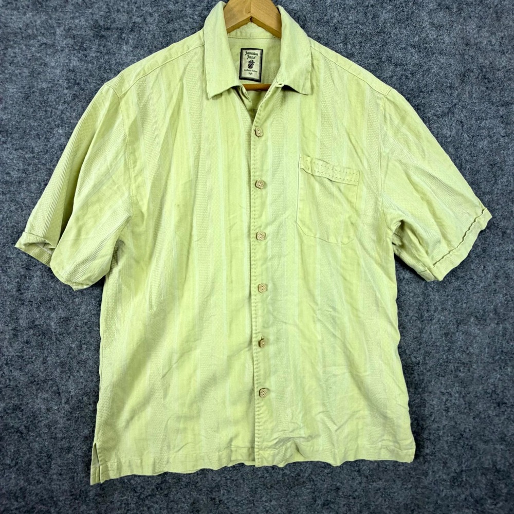 Jamaica Jaxx Shirt Mens Green Striped Chest Pocket Short Sleeve Button Up Beach